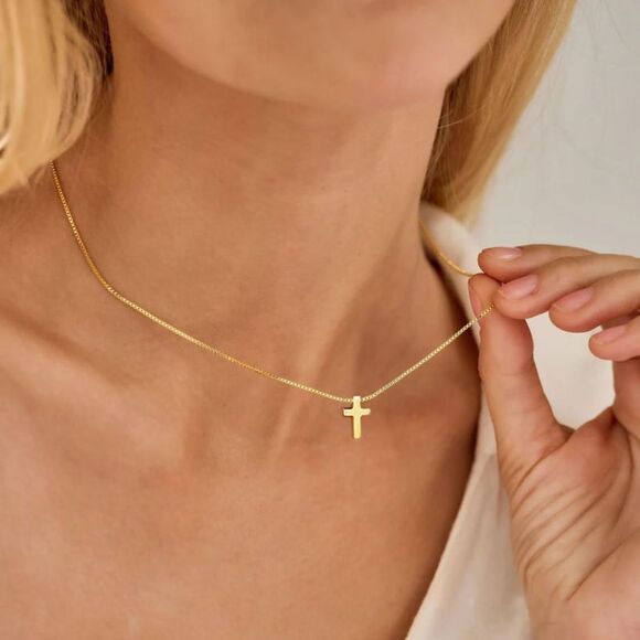 Gold Cross Necklace 14K Gold Plated Baptism Gift Cross Necklace Dainty Pendant - Picture 5 of 7